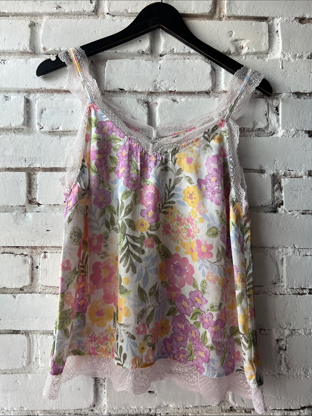 Floral Lace-Trim Pink & Yellow Tank Top
